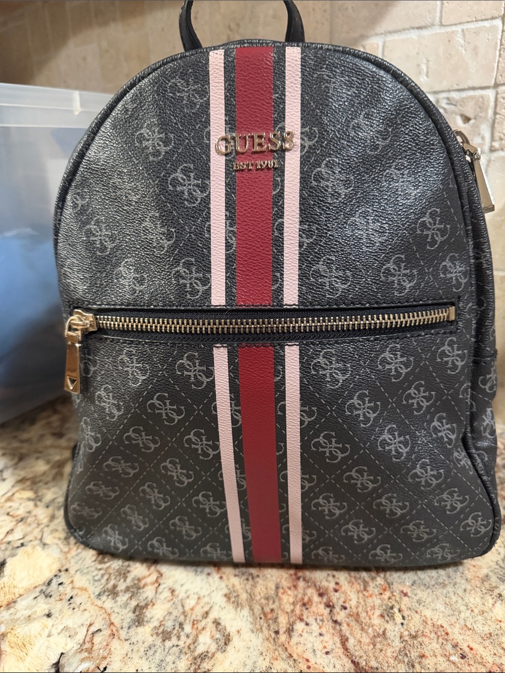 Guess Black Monogram Mini Backpack with Pink and Red Stripes